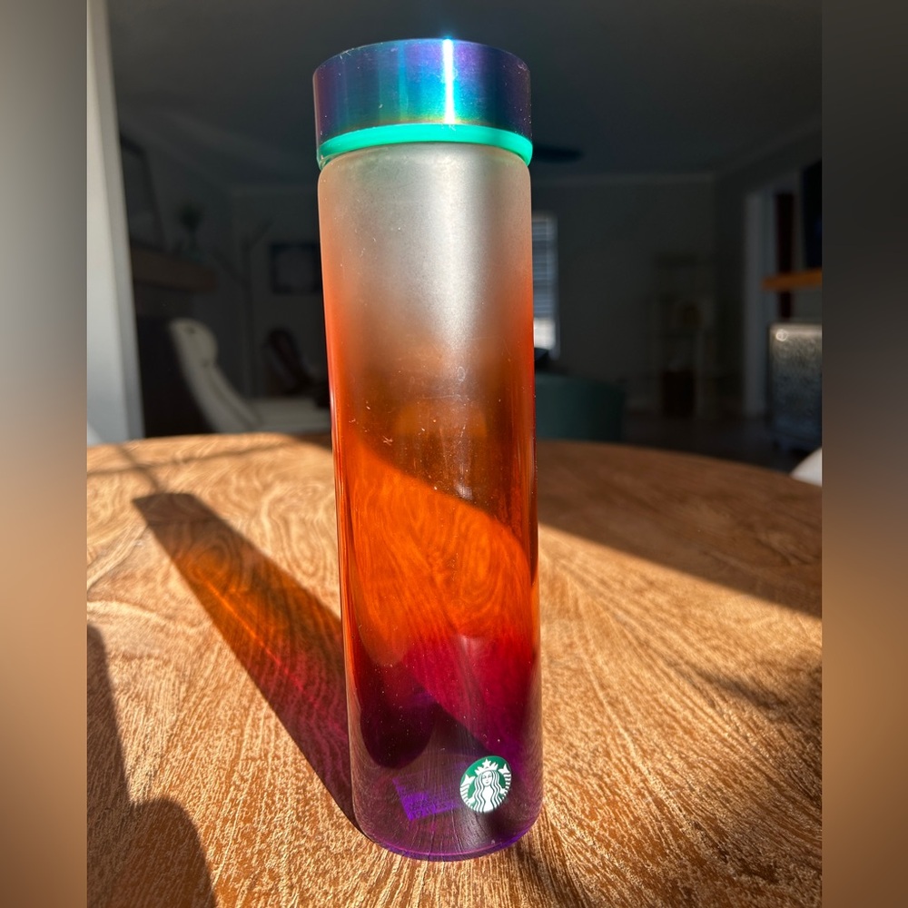 Starbucks Glass Water Tumblr 18 ounce gold green lid, multi color.
